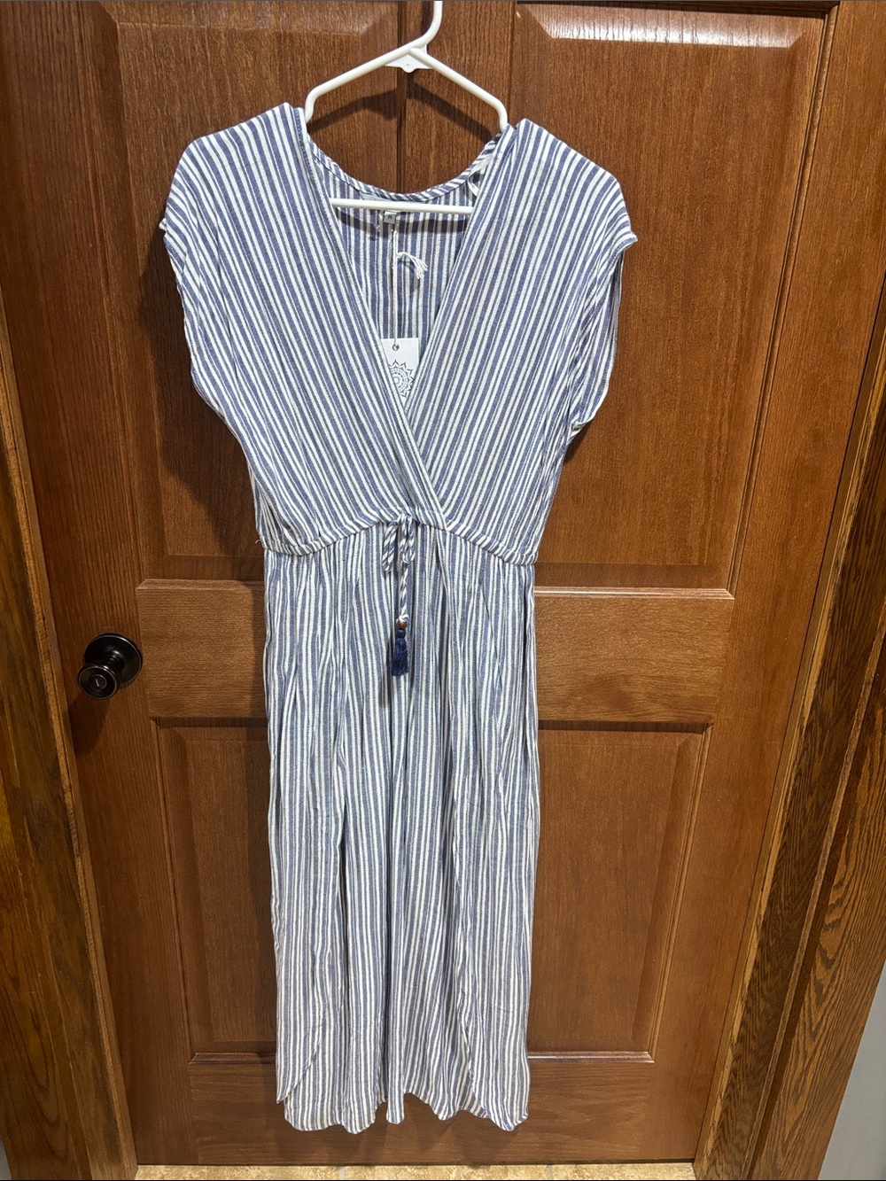 blue island Blue and White Striped Wrap Maxi Dress